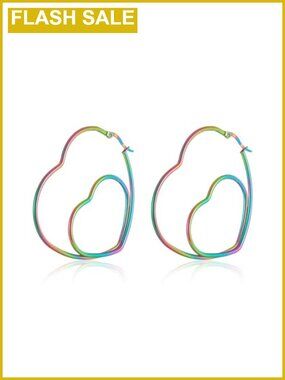 Rainbow Big Heart Hoop Earrings Stainless Steel Double Love Statement